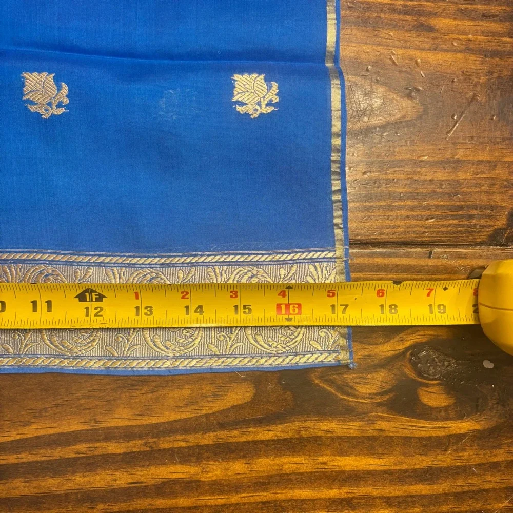 Blue Silk‎ Gold Zari Floral Dupatta Scarf Indian Ethnic Wedding Scarf 46x17